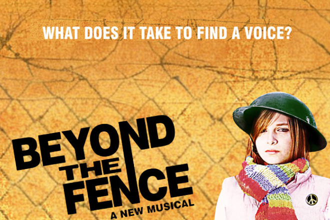 Promotional poster for the musical 'Beyond the Fence' with a girl in a hat and scarf on an orange cracked background, plus the tagline 'What does it take to find a voice?'.