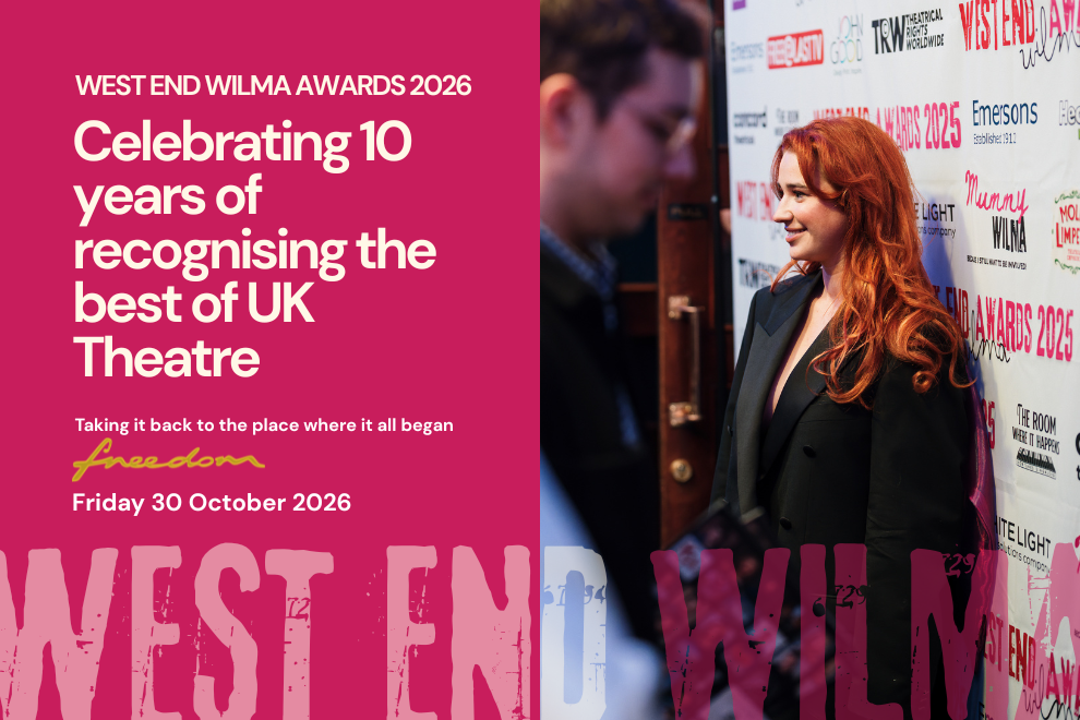 Promotional banner for the West End Wilma Awards 2026 with white text on pink on the left and a woman with red hair beside a wall of theatre posters on the right.