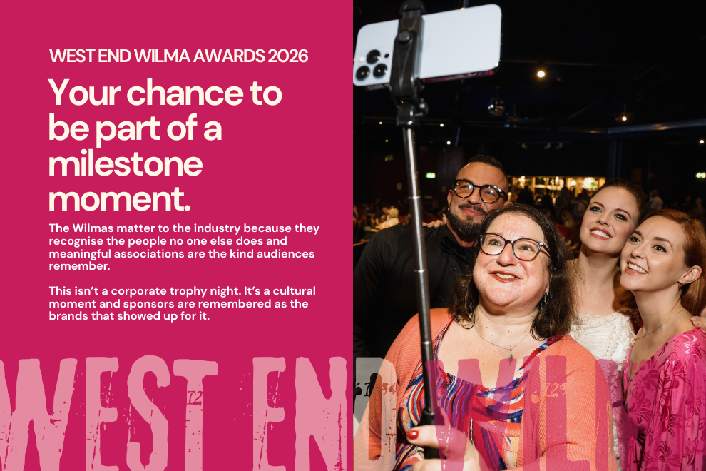 Smiling group of people posing for a selfie with a woman holding a selfie stick, beside a magenta panel displaying 'West End Wilma Awards 2026' and event text.