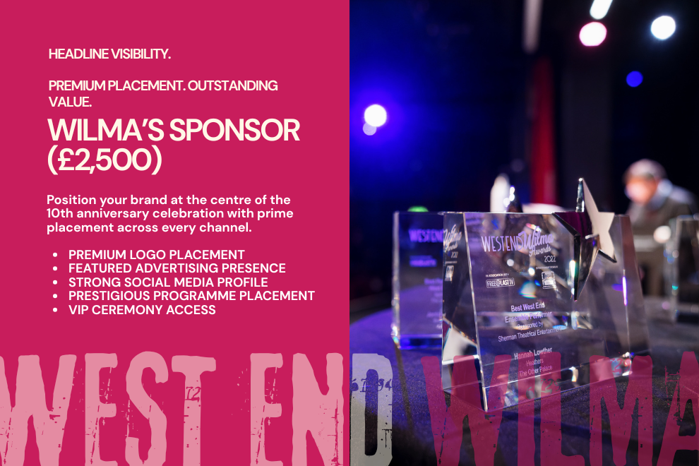 Split-image: left magenta panel with sponsor copy for 'Wilma's Sponsor (£2,500)' and right shows crystal awards on a stage behind dim lighting.