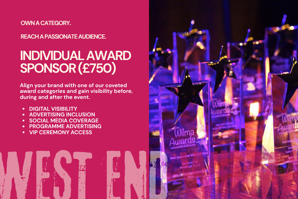 Left pink panel promoting the Individual Award Sponsor (£750) with benefits; right side shows illuminated glass star trophies on stage.