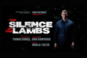 Promotional poster for The Silence of the Lambs with bold white title on the left, a butterfly motif, and a man in a dark blue outfit standing on the right against a black background.