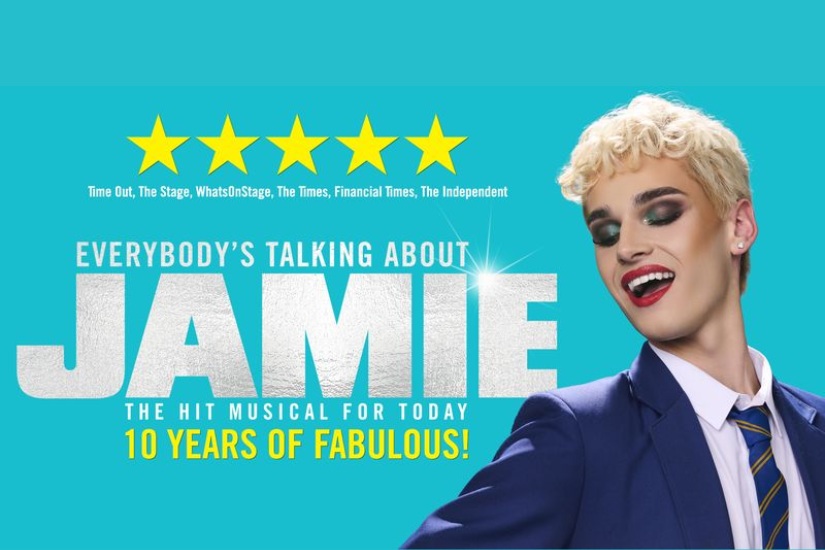 Poster for the musical Everybody's Talking About Jamie with a performer in a blue suit on the right, bold JAMIE title in silver and '10 YEARS OF FABULOUS!' in yellow on a turquoise background, five stars above.