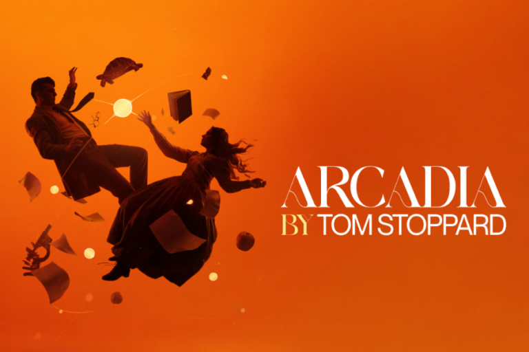 Orange poster with two silhouettes floating amid scattered papers and objects, and the text 'ARCADIA BY TOM STOPPARD' on the right.