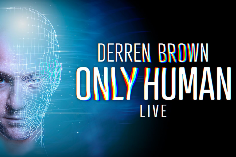 Promotional banner for Derren Brown: Only Human Live, with a wireframe head on a blue gradient background.