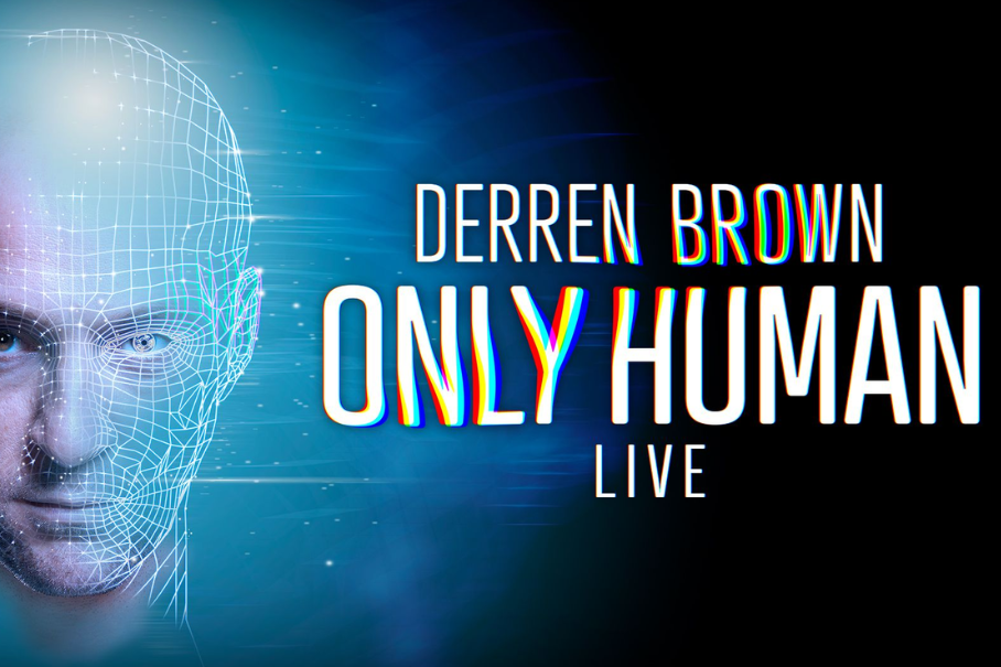 Promotional banner for Derren Brown: Only Human Live, with a wireframe head on a blue gradient background.