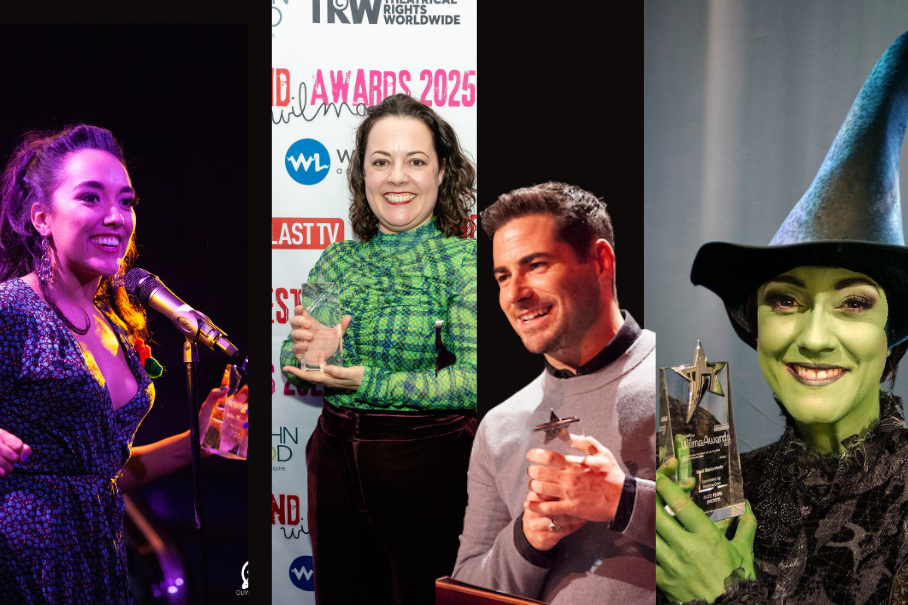 Four-person collage: singer on stage left, woman in green with trophy center-left, man in gray sweater with award center-right, green-faced witch with trophy on the right.
