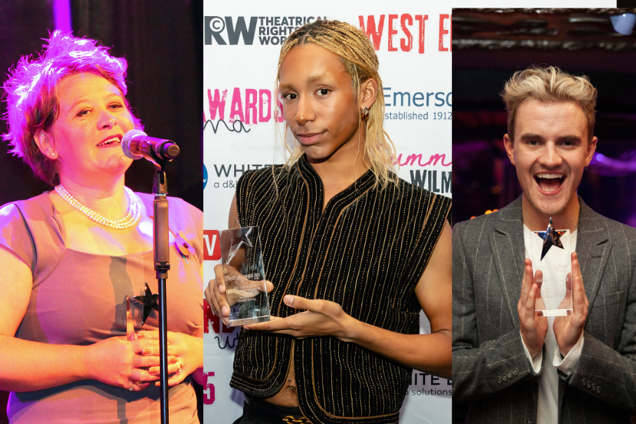 Triptych of an awards ceremony: left woman sings into a microphone, center person with braided hair holds a glass award, right man in a suit displays a trophy.
