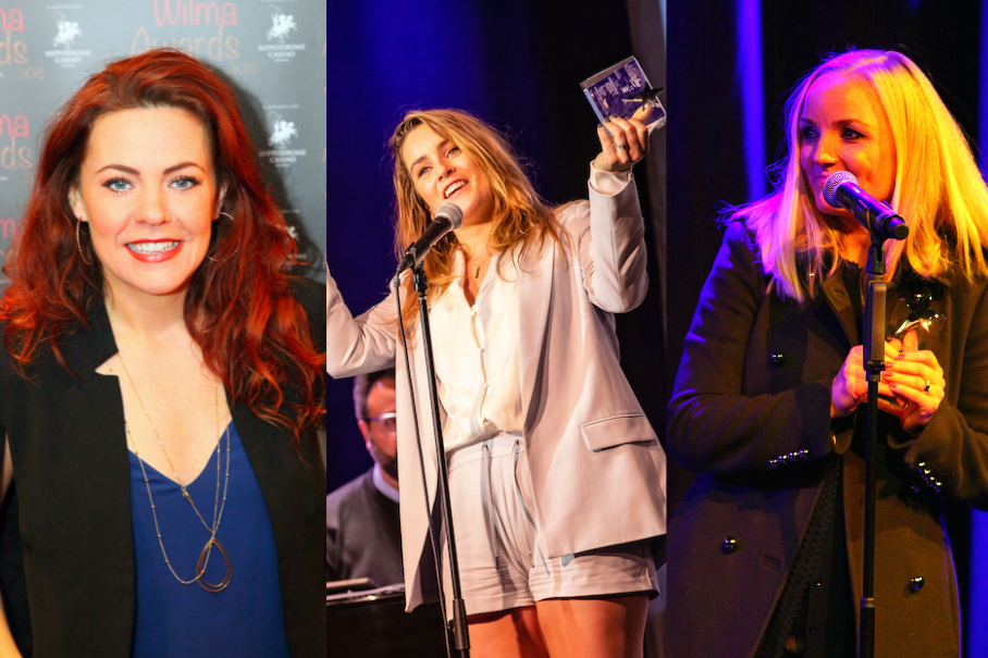 Left panel: smiling red-haired woman in a blue top and black blazer at an awards backdrop on stage/during an event photoshoot.