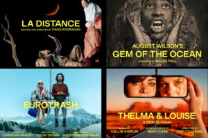 Poster for La Distance: a man lying on the ground and a standing figure against a dark backdrop with a yellow title above them in the corner of the frame is shown in this collage poster.