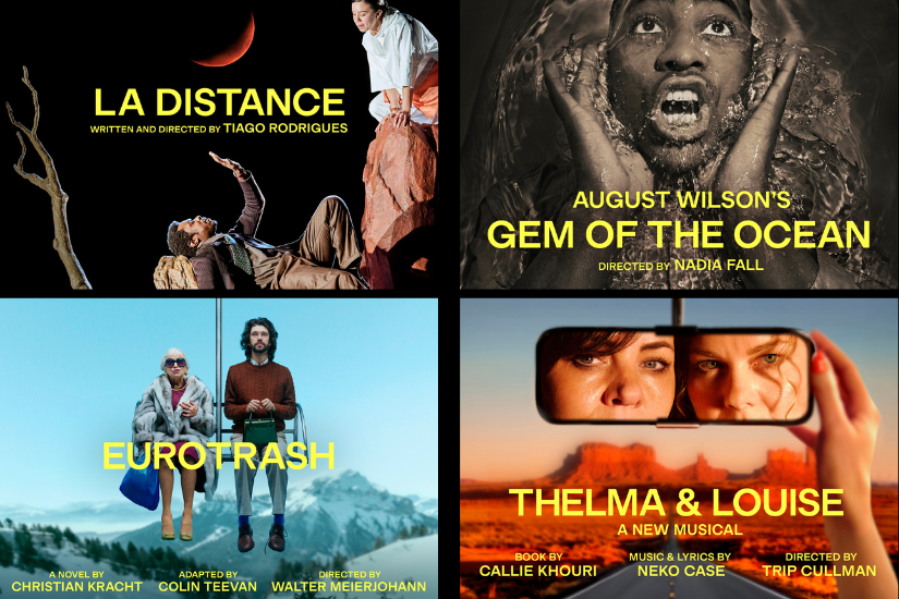 Poster for La Distance: a man lying on the ground and a standing figure against a dark backdrop with a yellow title above them in the corner of the frame is shown in this collage poster.