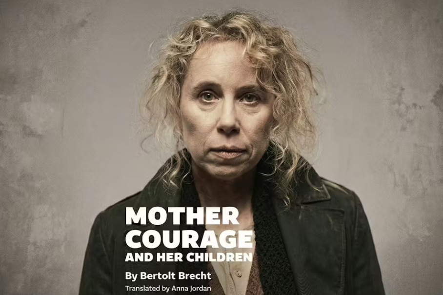 Poster for Mother Courage and Her Children, showing a stern, disheveled woman in a dark coat.