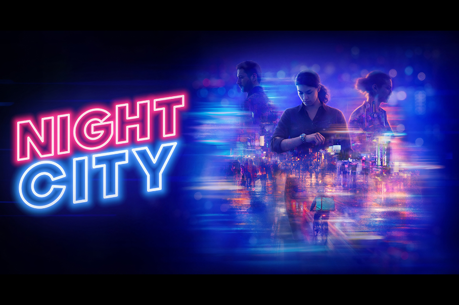 Neon pink and blue 'NIGHT CITY' sign with three people against a neon-lit futuristic cityscape at night.