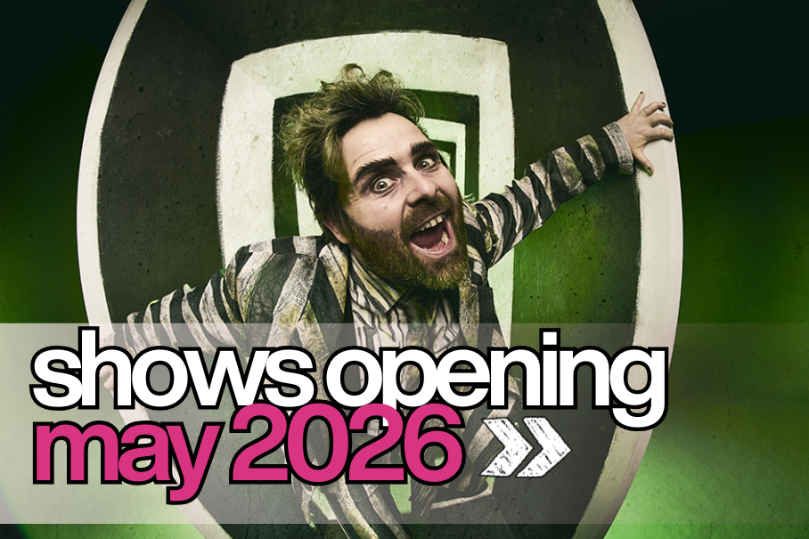 Excited man inside a circular tunnel with bold overlay text announcing shows opening May 2026.