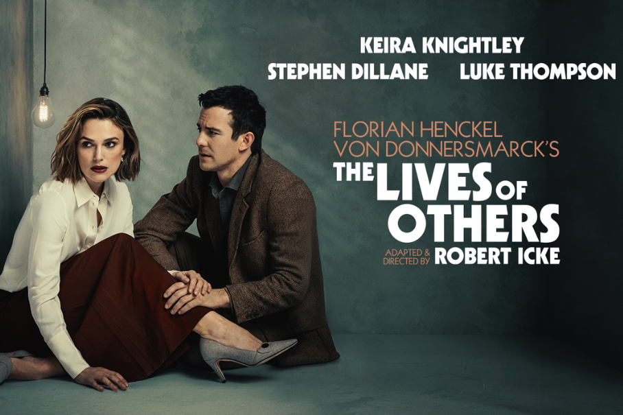 Movie poster for The Lives of Others featuring Keira Knightley and Stephen Dillane, with Luke Thompson; vintage clothes and teal background.