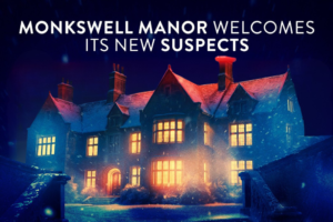 Poster for a mystery thriller: Monkswell Manor welcomes its new suspects, a snowlit manor with glowing windows at night.