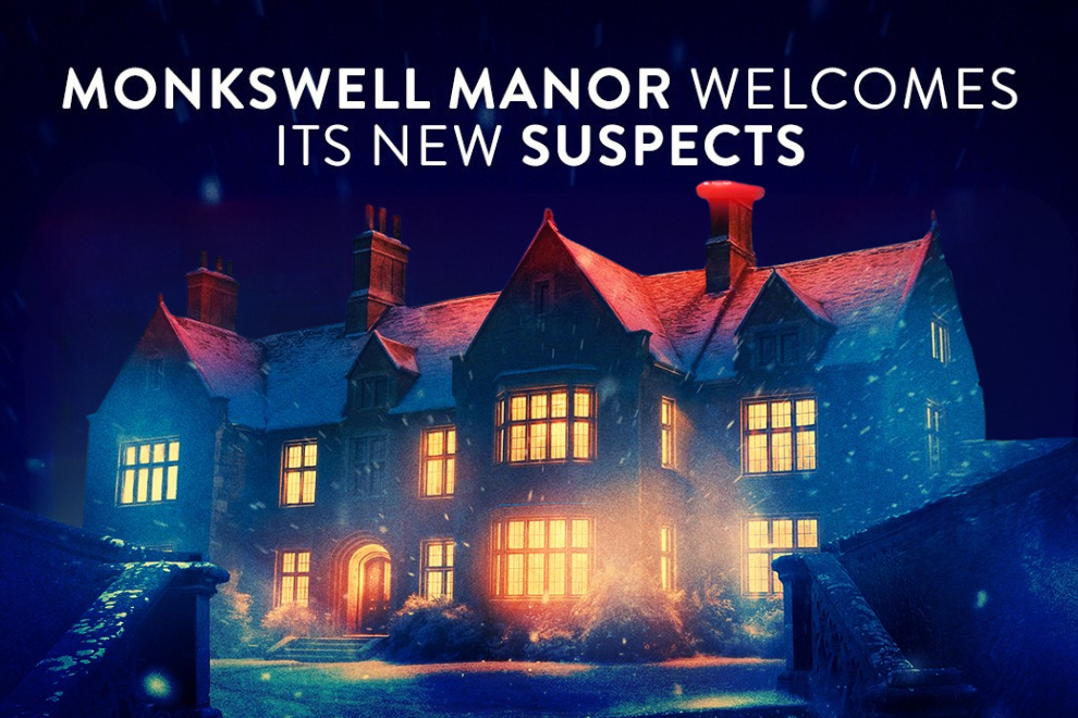 Poster for a mystery thriller: Monkswell Manor welcomes its new suspects, a snowlit manor with glowing windows at night.
