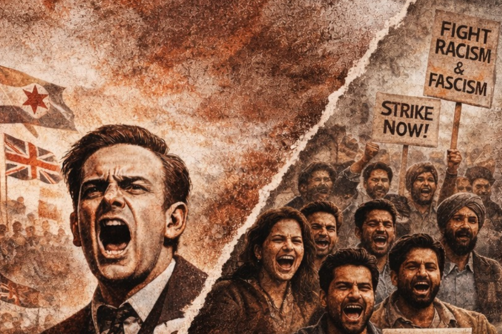 Man in a suit shouting at a protest, crowd behind him with signs reading 'Fight Racism & Fascism' and 'Strike Now!'