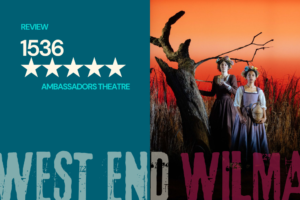 Split poster: teal left panel with 'REVIEW', large '1536' and five stars for Ambassadors Theatre; right panel shows two women in period dress beside a dead tree at sunset.