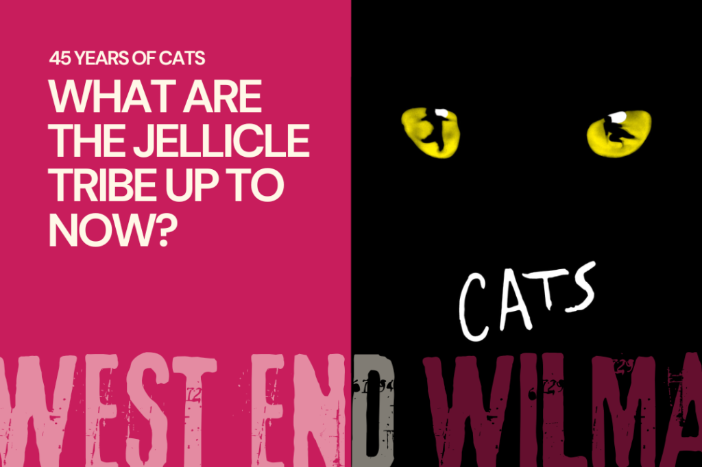 Split Cats poster: magenta left panel with the headline about the Jellicle tribe, black right panel with yellow cat eyes and 'CATS' text above hearty letters.