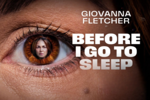 Poster for the film 'Before I Go to Sleep' starring Giovanna Fletcher; a close-up of a brown eye with a woman's face reflected in the iris.