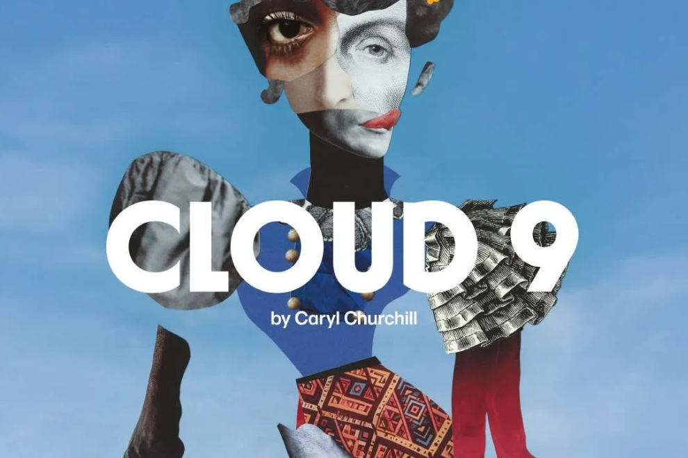 Poster for Cloud 9 by Caryl Churchill, a surreal collage of faces forming a tall figure against a blue sky backdrop.
