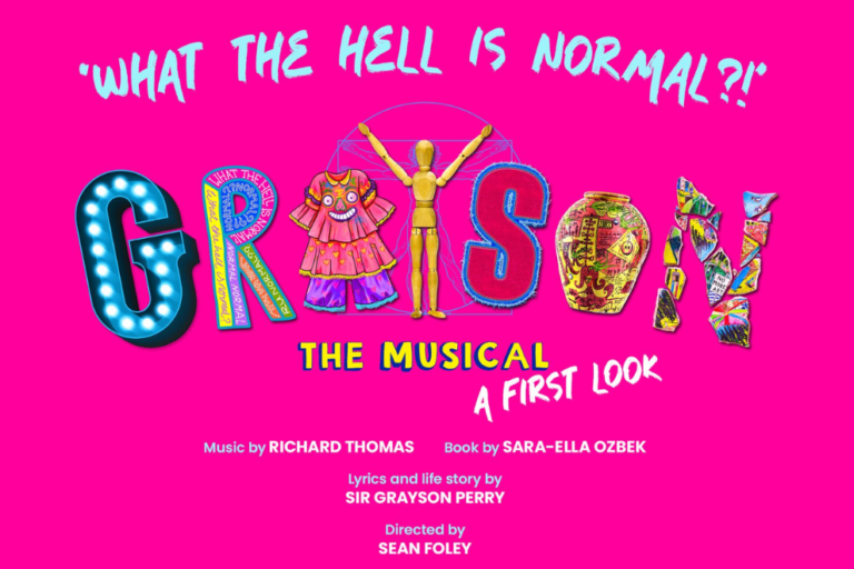 Vibrant pink poster advertising a musical with a collage-style title, a wooden mannequin figure in the center, and the subtitle 'The Musical A First Look' with credits at the bottom.