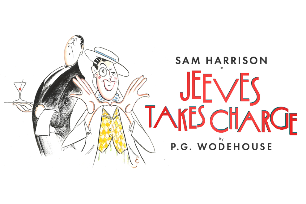 Poster for a stage play: 'Jeeves Takes Charge' by P.G. Wodehouse, featuring a cheerful waiter with yellow vest and a butler holding a cocktail glass to the left.