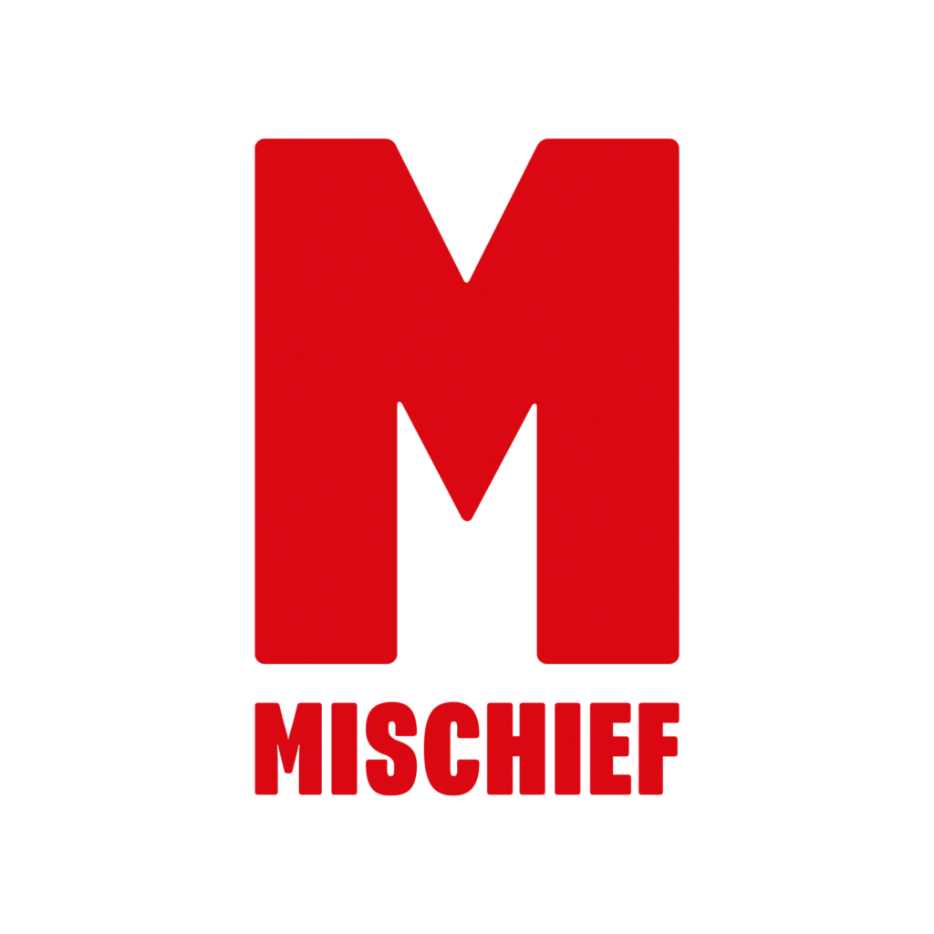 Red stylized M logo with the word MISCHIEF in bold red on a black background.”] ,