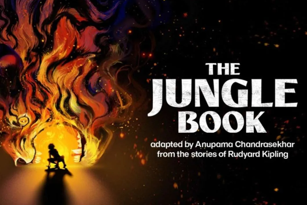 The Jungle Book book cover with a child silhouette by a large campfire on the left and bold white title on the right.