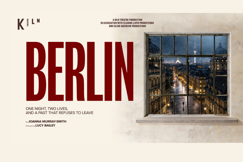 Poster for a Berlin production: bold red BERLIN text on the left, and a window showing a lit city street at night on the right.