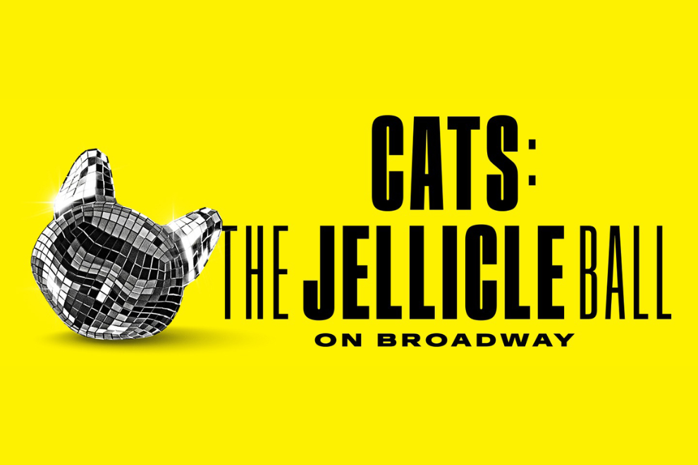 Bright yellow poster for Cats: The Jellicle Ball on Broadway, with a disco-ball cat on the left.