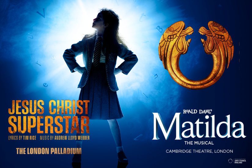 Collage poster advertising Jesus Christ Superstar and Matilda the Musical, featuring a girl in a school uniform against a blue glow and a golden horseshoe.