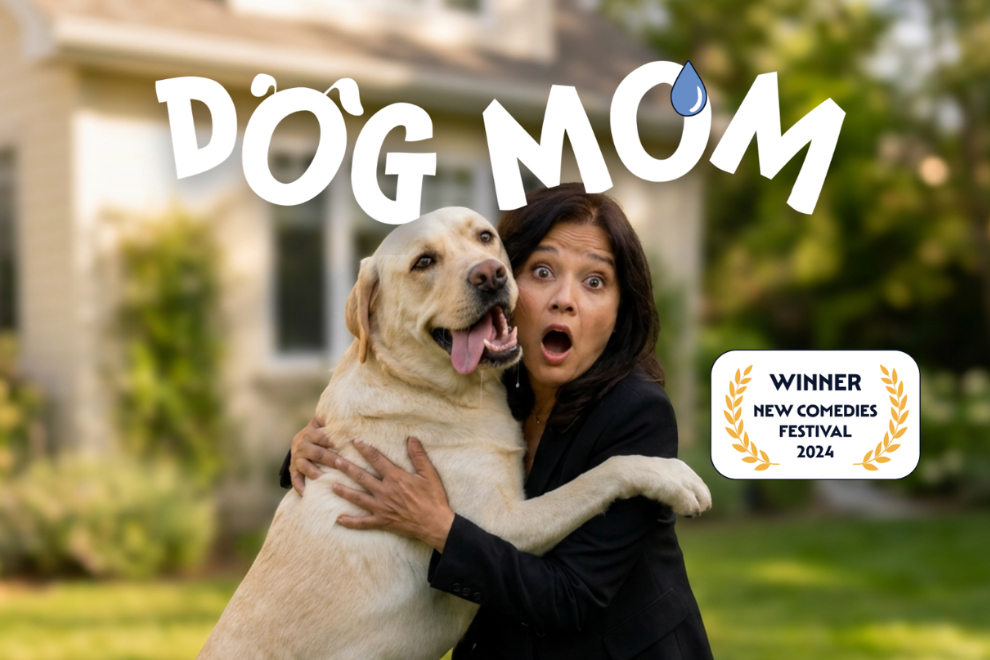 Promo banner for 'Dog Mom': a surprised woman hugs a yellow Labrador outdoors with a winner badge on the right.