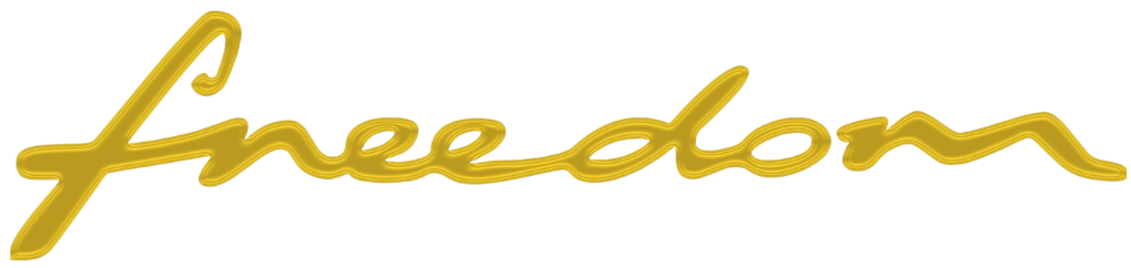 The word 'freedom' written in glossy yellow cursive script on a transparent background.