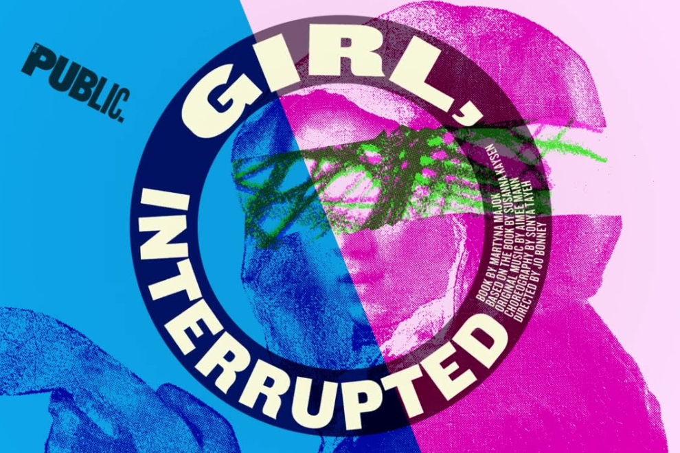 Colorful poster for 'Girl, Interrupted' with a bold circular title over pink and blue abstract shapes (Public label visible).