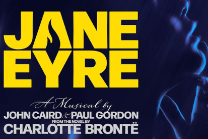 Poster for Jane Eyre the musical; yellow title on a blue background with credits for John Caird, Paul Gordon, and Charlotte Brontë.