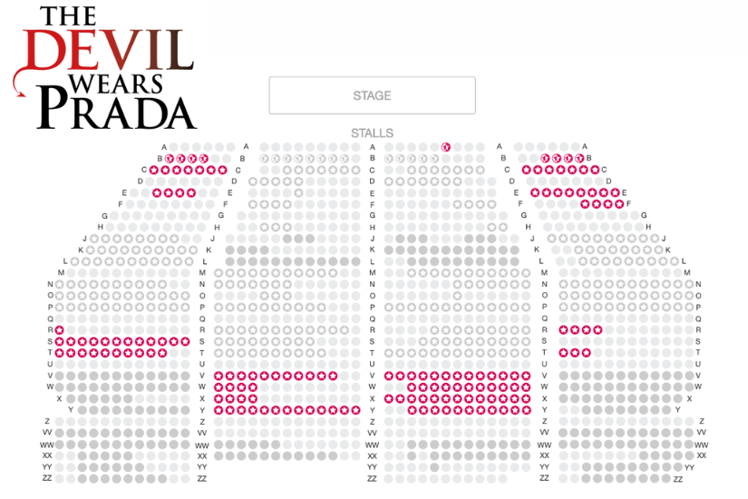 The Devil Wears Prada theater seating chart with the stage at the top and pink seats highlighted in the stalls area.