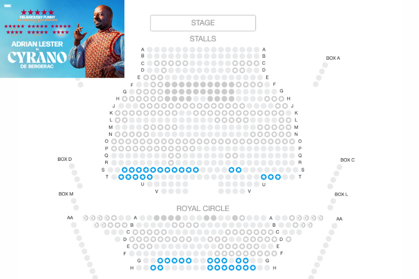 Theatre seating chart for Cyrano de Bergerac with stage at top; seating blocks labeled A–S and box sections around the sides. Blue seats indicate selections within the Royal Circle area. An inset poster of the show featuring Adrian Lester is in the upper-left corner.
