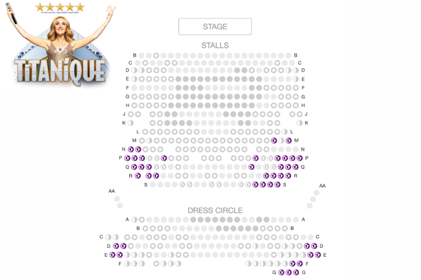 Seating chart for Titanique theater show with stage at the top, labeled rows from A to AA, and sections for STALLS and DRESS CIRCLE; purple markers indicate seat positions on the plan.