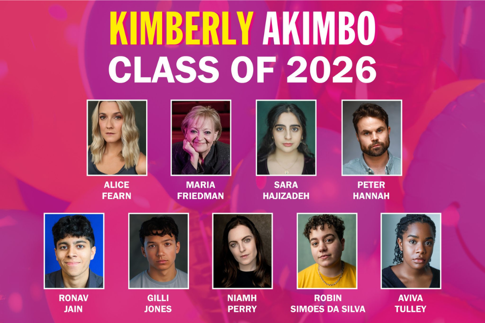 Collage of nine student headshots for Kimberly Akimbo Class of 2026 with names: Alice Fearn, Maria Friedman, Sara Hajizadeh, Peter Hannah, Ronav Jain, Gilli Jones, Niamh Perry, Robin Simoes Da Silva, Aviva Tulley.