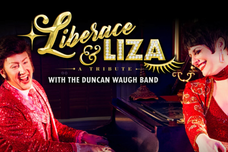 Promotional poster for Liberace & LizA tribute with the Duncan Waugh Band, showing two performers in red sequined outfits at a piano.