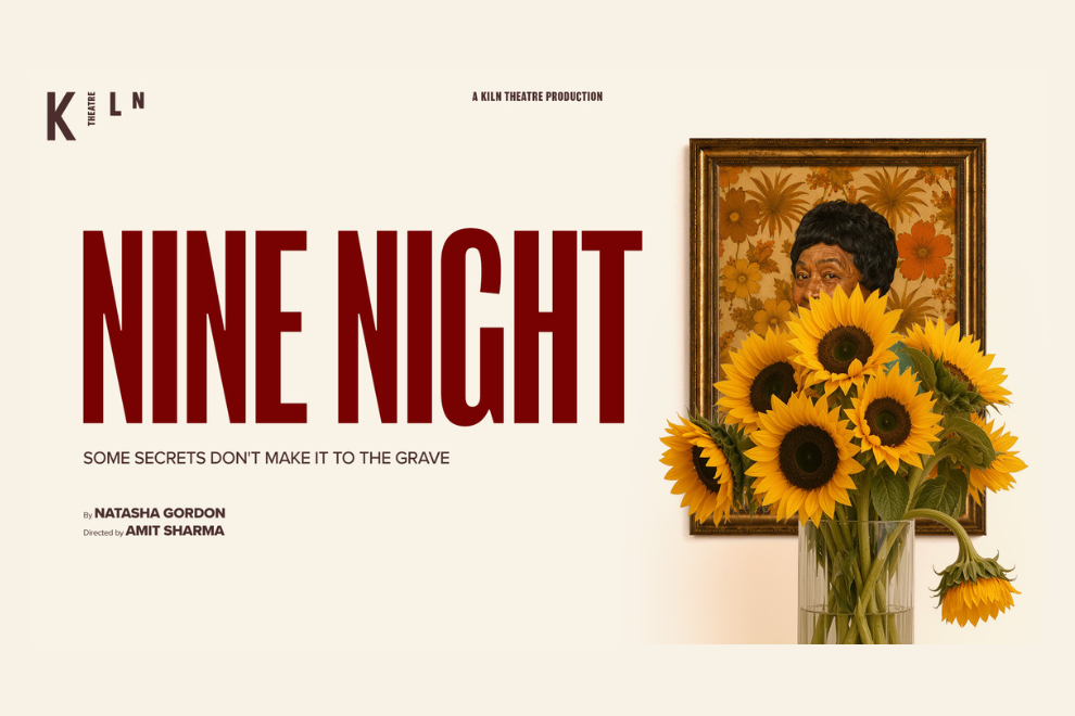 Poster for Nine Night: large red 'NINE NIGHT' text on the left, with a vase of sunflowers and a framed portrait on the right.