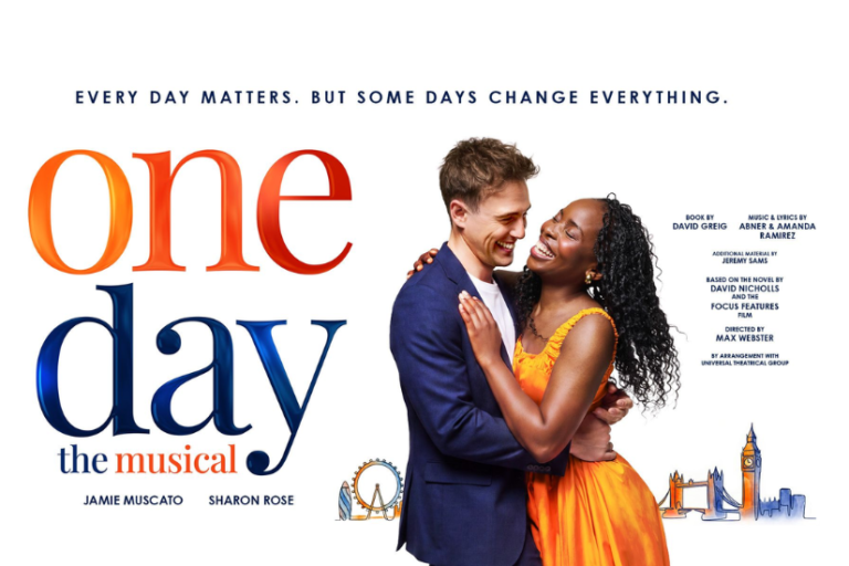 Poster for the musical One Day: a couple dancing, with the large 'one day' title and 'the musical' subtitle.