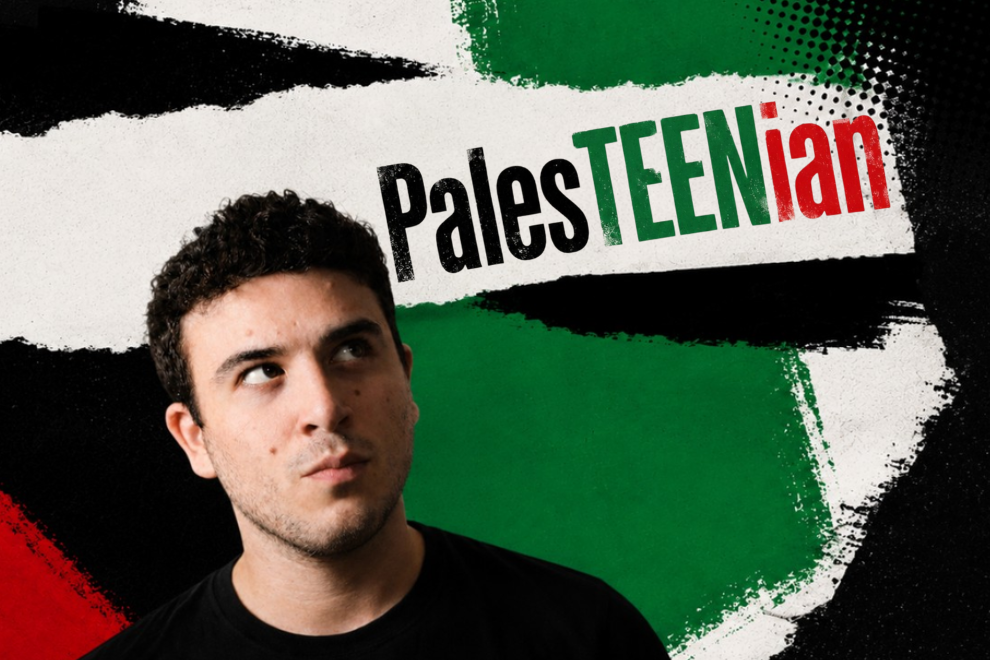 Portrait of a man in a black shirt looking upward, with bold graffiti in Palestinian colors and the text 'PalesTEENian' in the background.