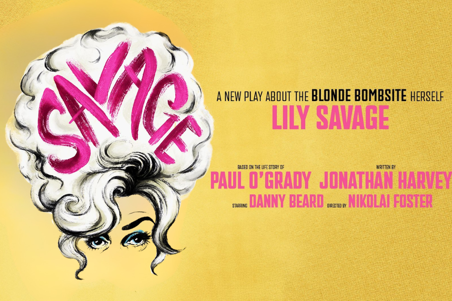 Promotional poster for Lily Savage, featuring a stylized blonde-haired woman and large pink script across her hair on a yellow background