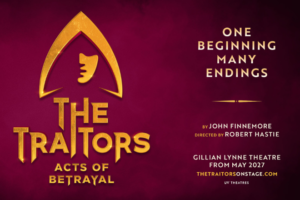 Poster for The Traitors: Acts of Betrayal on a purple background with a gold arched logo and bold gold title text.