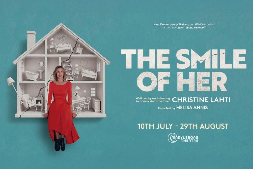 The Smile of Her poster: woman in a red dress sits on a white cutaway dollhouse against a teal background, with the title on the right and dates 10th July–29th August.