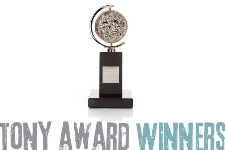 Tony Award trophy on a black pedestal with the words 'TONY AWARD WINNERS' displayed across the bottom edge of the image.