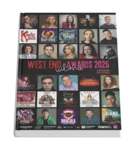 Collage poster titled West End Awards 2025 featuring headshots of performers and show logos.